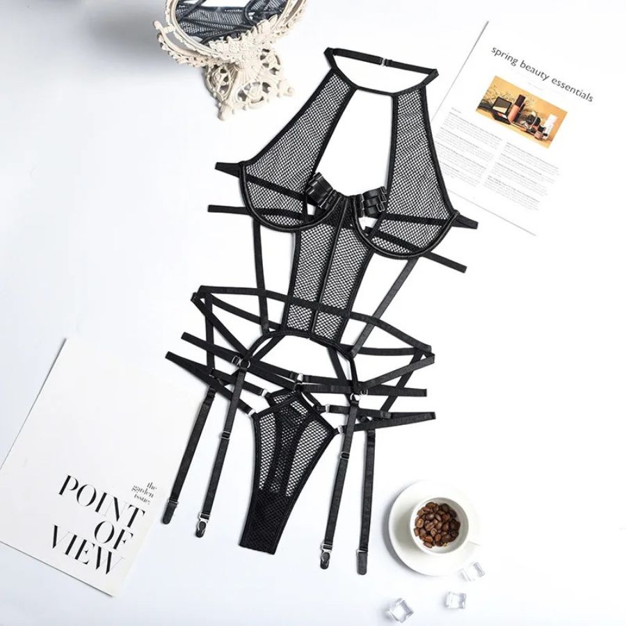 Black fishnet suspender basque