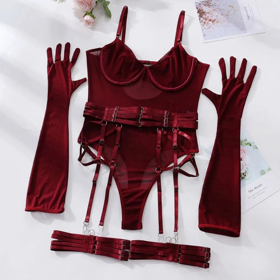 Body sexy porte-jarretelle rouge transparent