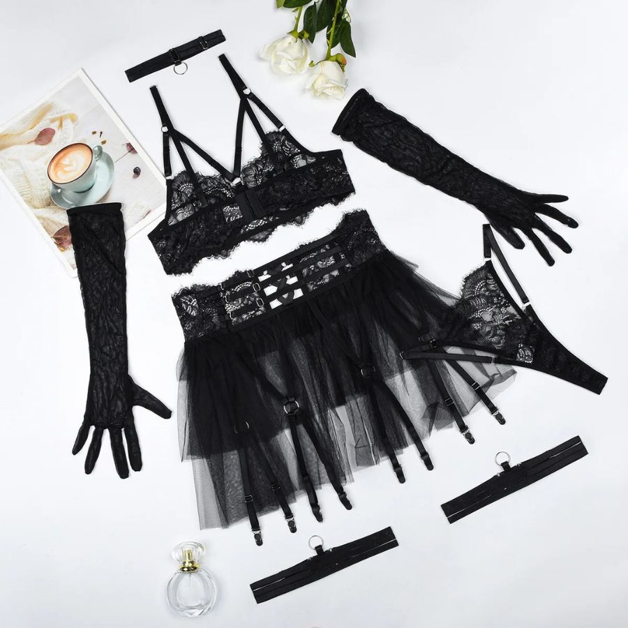 Ensemble de lingerie jupe en dentelle avec gants