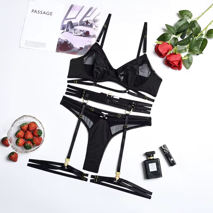 Ensemble porte-jarretelle sexy noir ajustable