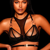 Ensemble porte-jarretelle BDSM noir avec gants