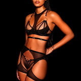 Ensemble porte-jarretelle BDSM noir avec gants