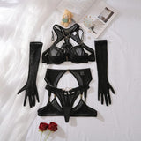 Ensemble porte-jarretelle BDSM noir avec gants