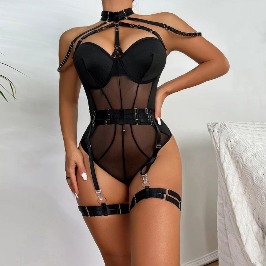Body sexy porte-jarretelle transparent noir