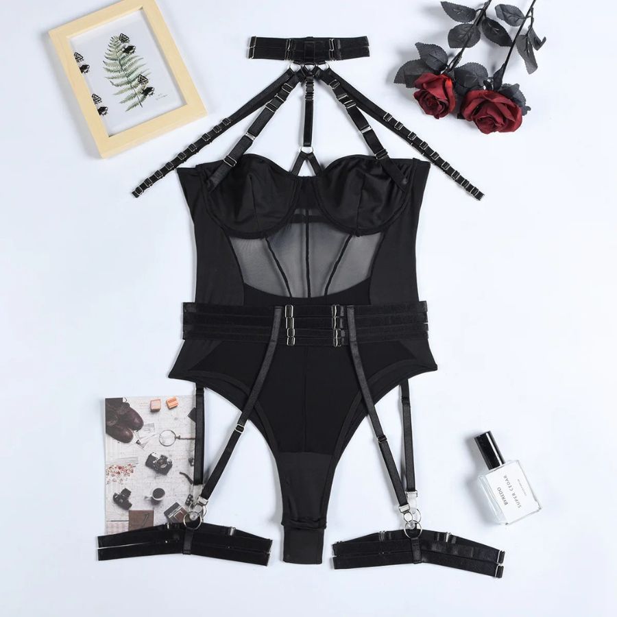 Body sexy porte-jarretelle transparent noir