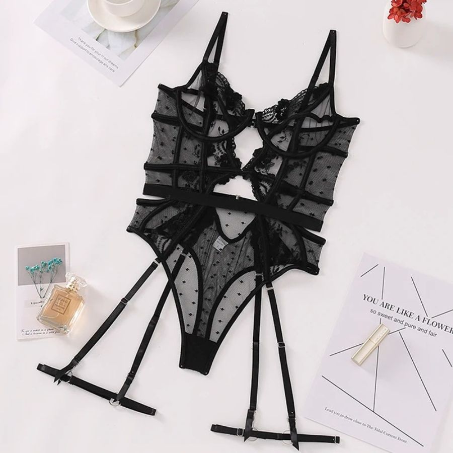 Body sexy porte-jarretelle en dentelle noire