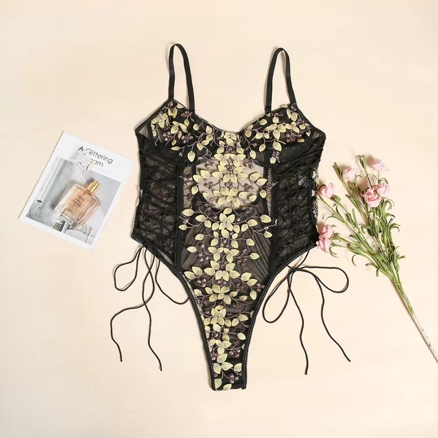 Body sexy transparent noir et jaune