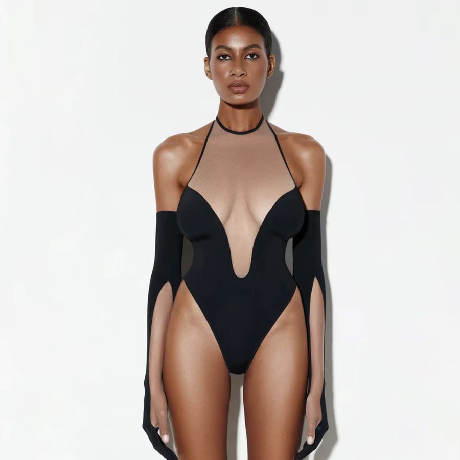 Body transparent noir avec gants