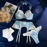 Ensemble porte-jarretelle en dentelle bleu et blanc