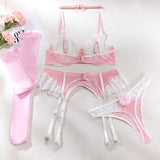 Ensemble porte-jarretelle en dentelle rose et blanc