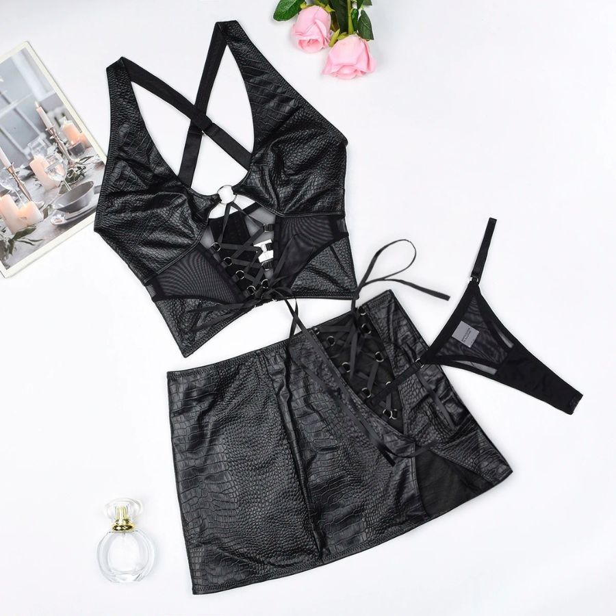 Ensemble de lingerie jupe en cuir noir sexy