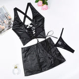 Ensemble de lingerie jupe en cuir noir sexy