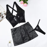 Ensemble de lingerie jupe en cuir noir sexy
