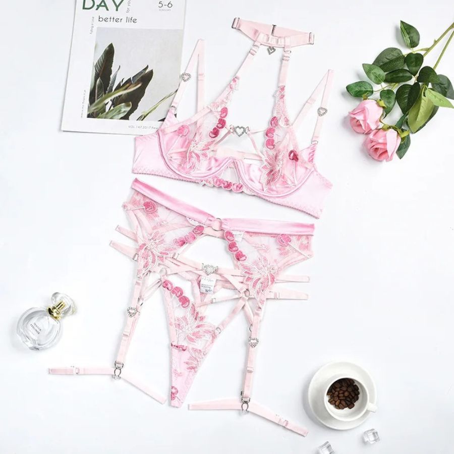 Ensemble porte-jarretelle en dentelle rose sexy