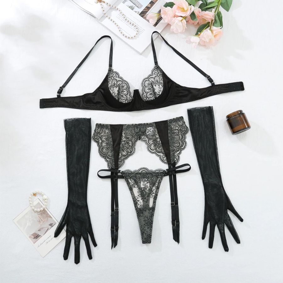 Ensemble porte-jarretelle en dentelle noir avec gants