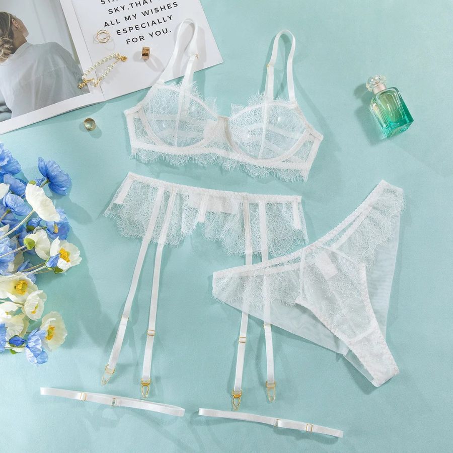 Ensemble porte-jarretelle en dentelle blanc confortable