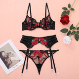 Ensemble porte-jarretelle en dentelle noir et rouge