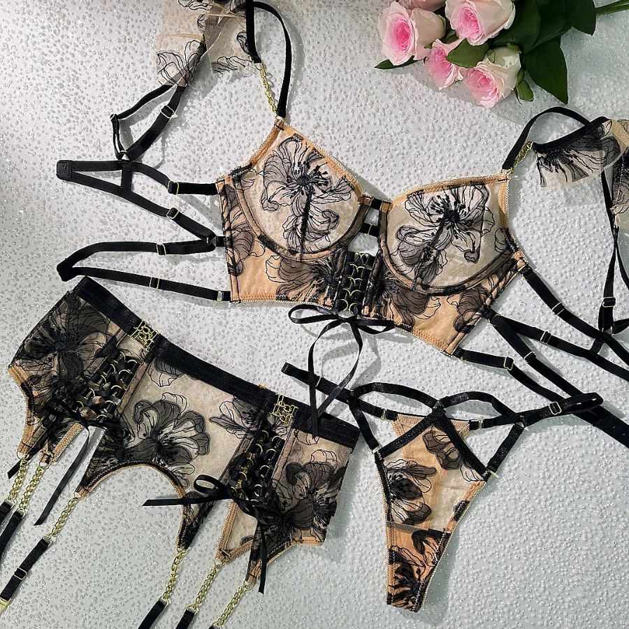 Ensemble bustier porte-jarretelle en dentelle noir