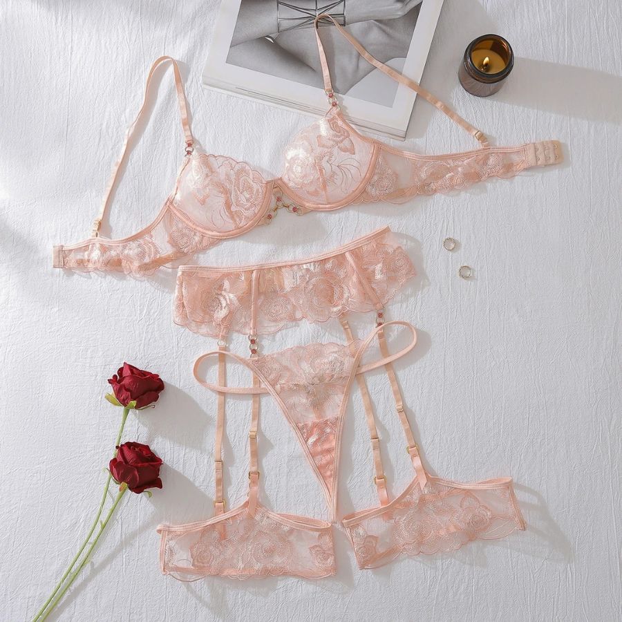 Ensemble porte-jarretelle chic en dentelle rose
