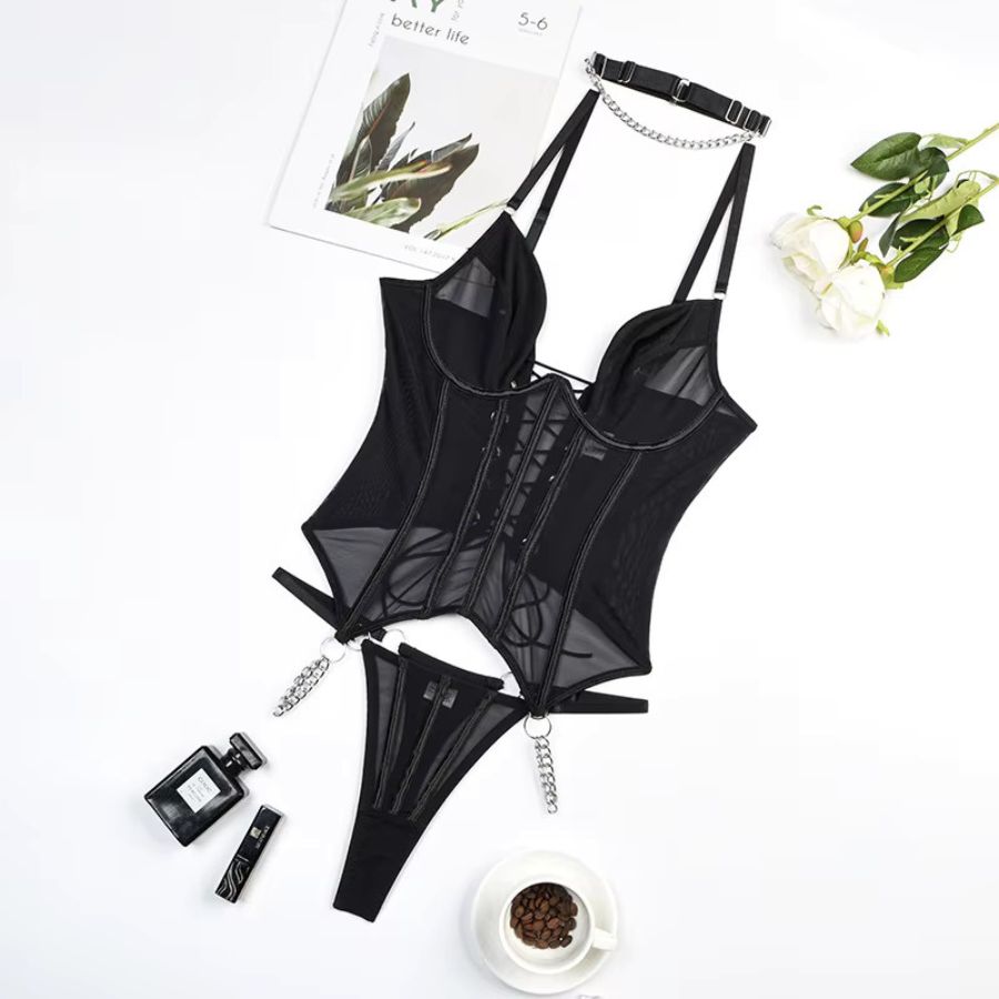 Guêpière sans jarretelle en polyester noir sexy