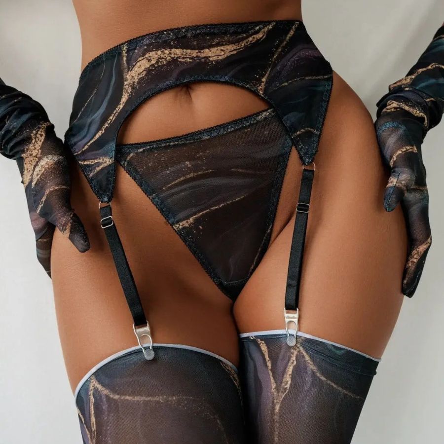 Ensemble porte-jarretelle noir avec bas et gants sexy