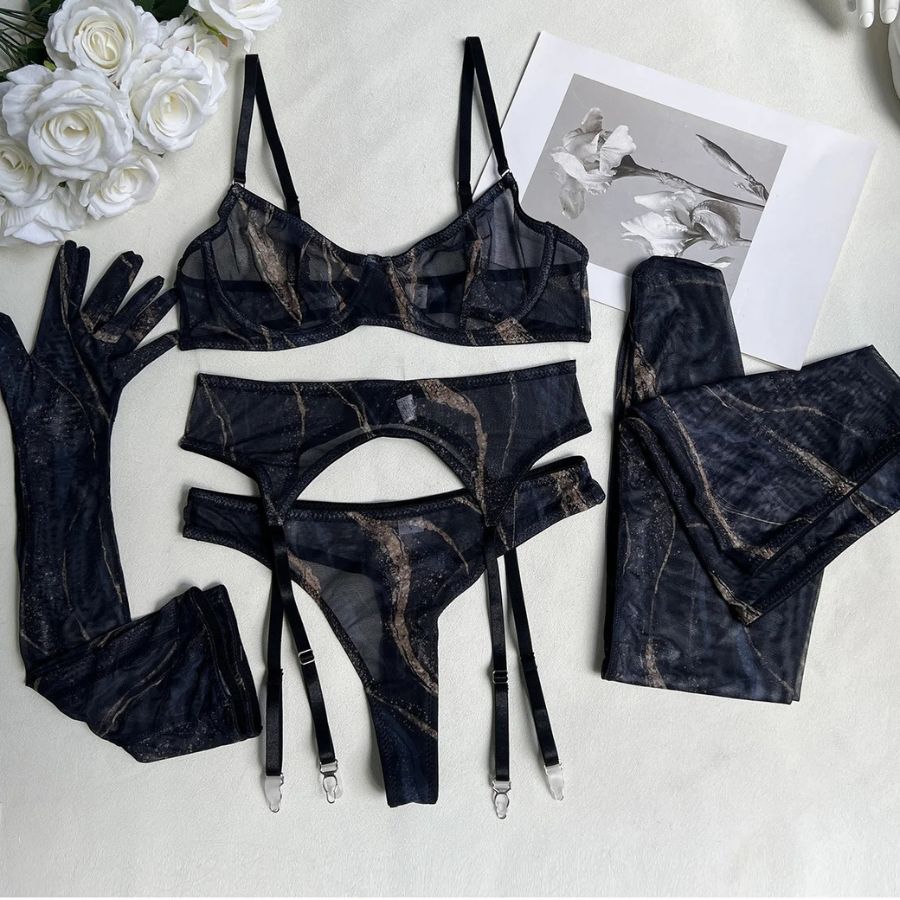 Ensemble porte-jarretelle noir avec bas et gants sexy