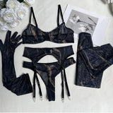 Ensemble porte-jarretelle noir avec bas et gants sexy
