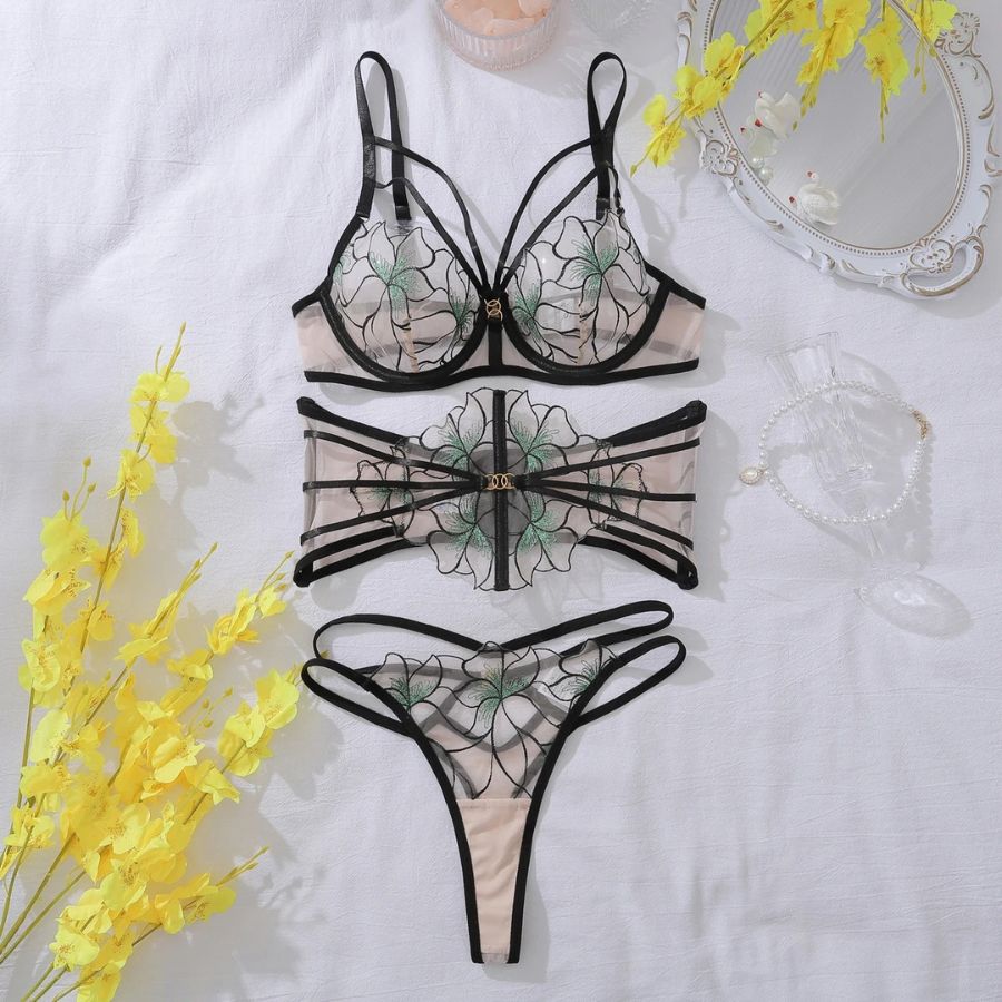 Ensemble de lingerie transparent noir et vert